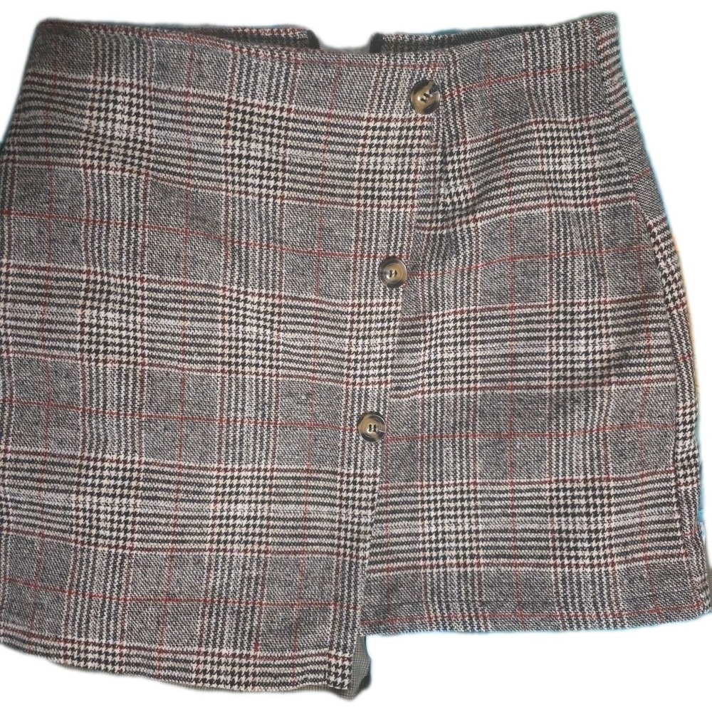 Grey Plaid Glen Check Button Front High Waist Mini Skirt Red Accent Small